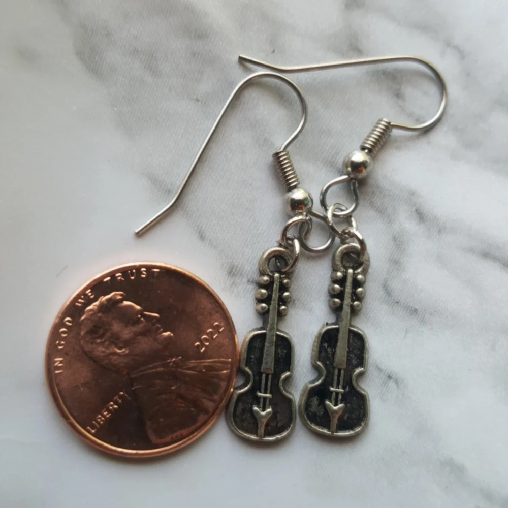 Violin Fiddle Earrings Surgical Steel Silver Tone - Picture 8 of 8